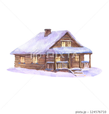 Watercolor illustration of a cozy wooden cabin covered in snow with glowing windows. Perfect for Christmas designs, greeting cards, holiday decorations. Hand drawn illustration on white background 124576710