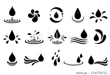 Water falling drops, droplets silhouettes, splash wave elements, moisture splatter 124576712