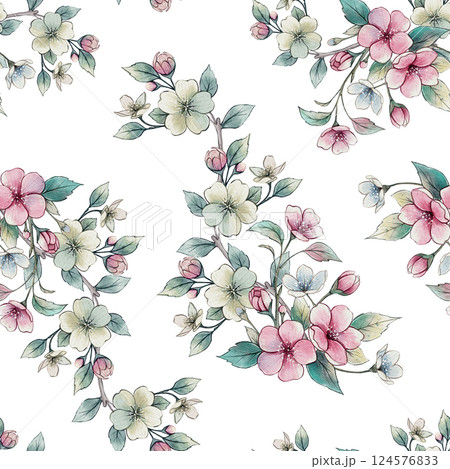 Watercolor Seamless Floral Pattern with Pink Flowers 124576833