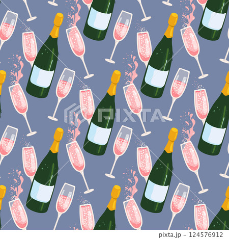 Seamless pattern with sparkling wine and glasses splashes and bubbles on a blue background. 124576912