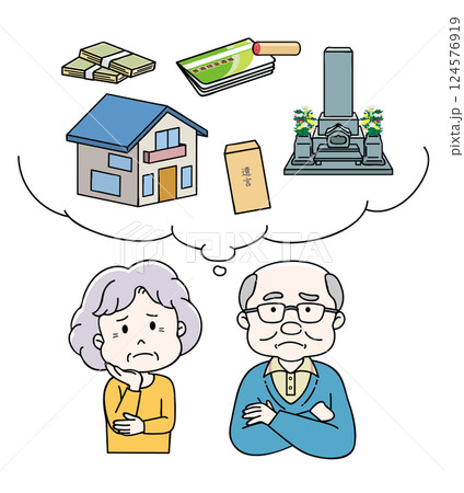 相続や未来について悩むシニア夫婦 4C 124576919