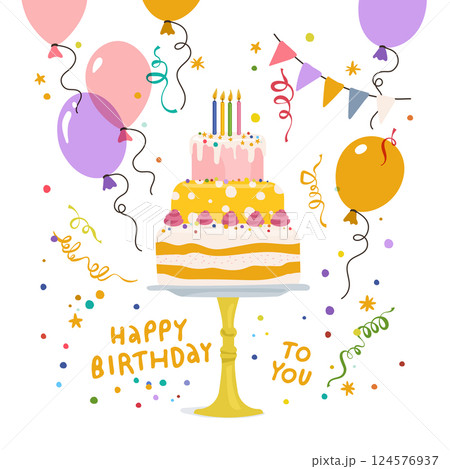 Vector illustration of a festive birthday cake with colorful balloons, confetti and a cake. 124576937