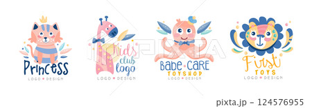 Baby Toy Shop Logo Design with Animal Vector Set Baby Toy Shop Logo Design with Animal Vector Set 124576955