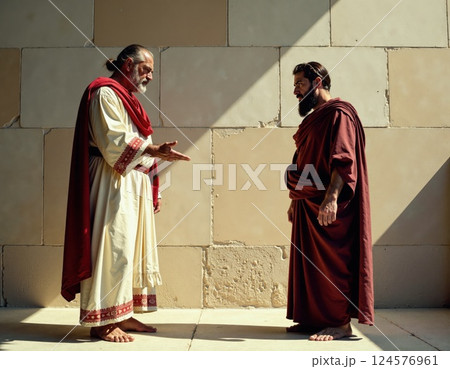 Ancient philosophers in deep discussion under sunlight shadow play 124576961