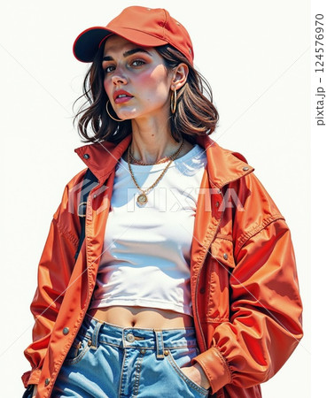 Bold fashion statement: urban chic in vibrant orange and denim perfect for trendsetters 124576970