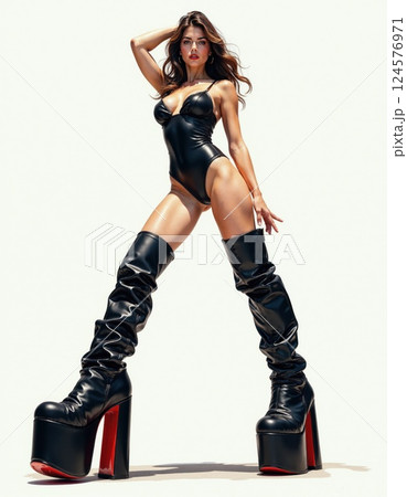 Bold glamour fashion: high-platform boots and sleek monochromatic style against minimal background 124576971