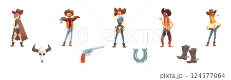 Man Cowboy Character in Hat Standing Pose Vector Set 124577064