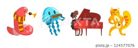 Funny Animal Character Playing Musical Instrument Performing Concert Vector Set 124577076