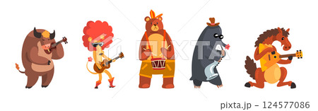 Funny Animal Character Playing Musical Instrument Performing Concert Vector Set Funny Animal Character Playing Musical Instrument Performing Concert Vector Set 124577086