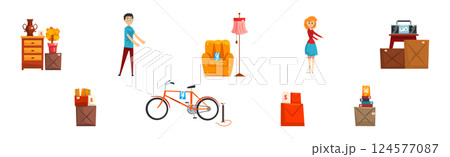 Garage Sale with Man and Woman Character Selling Stuff at Flea Market Vector Set 124577087