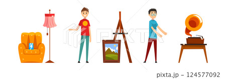 Garage Sale with Man Character Selling Stuff at Flea Market Vector Set 124577092