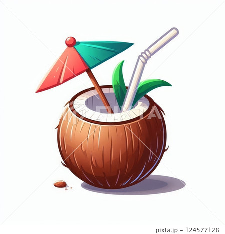 Illustration of coconut drink with straw, umbrella and leaves, isolated on white background. Tropical summer cocktail for vacation, beach, and travel designs Illustration of coconut drink with straw, umbrella and leaves, isolated on white background. Tropical summer cocktail for vacation, beach, and travel designs 124577128