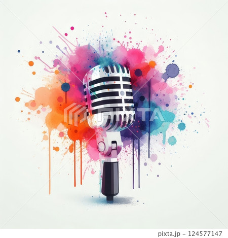 Vintage microphone with colorful paint splashes on white background. Watercolor digital illustration. Music, podcast, and broadcasting concept Vintage microphone with colorful paint splashes on white background. Watercolor digital illustration. Music, podcast, and broadcasting concept 124577147