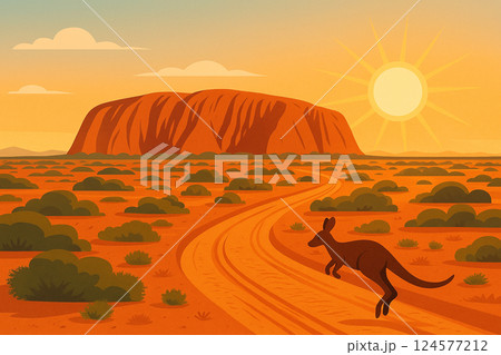 Kangaroo Jumping on Outback Road at Sunset with Uluru in the Background – Flat Style Illustration 124577212