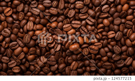 茶色い敷き詰められたコーヒー豆を俯瞰したテクスチャー 124577215