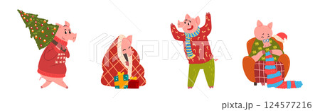 Funny Pig Character in Warm Clothing at Winter Holiday Vector Set 124577216