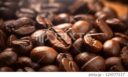 茶色いコーヒー豆のアップ 124577217