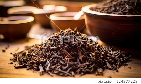 机の上の乾燥した茶葉・漢方薬のイメージ 124577225