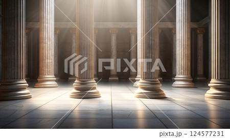 光差す古代ローマのような神殿の内部 124577231
