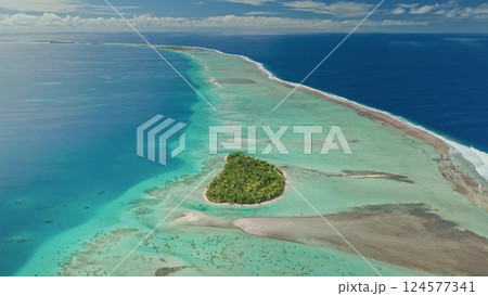 This breathtaking perspective showcases secluded tropical island featuring lush greenery, framed by crystal-clear turquoise waters. The surrounding shallow lagoon shimmers under sunlight, aerial view 124577341