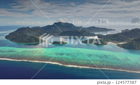 Breathtaking aerial view of Bora Bora island, showcasing the vibrant green coral reef, turquoise lagoon, and lush greenery under a cloudy sky, creating a mesmerizing tropical paradise scene Breathtaking aerial view of Bora Bora island, showcasing the vibrant green coral reef, turquoise lagoon, and lush greenery under a cloudy sky, creating a mesmerizing tropical paradise scene 124577387