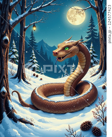 Enchanted winter forest with majestic serpent under full moon Enchanted winter forest with majestic serpent under full moon 124577423