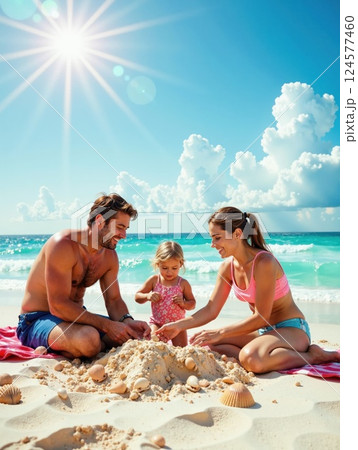 Family beach day fun under a bright sun with sandcastles and seashells - perfect for summer vacation designs 124577460