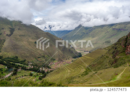 Ancient Inca terraces and ruins at Pisac in the Sacred Valley, Peru Ancient Inca terraces and ruins at Pisac in the Sacred Valley, Peru 124577473