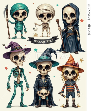 Halloween skeleton characters in festive costumes for spooky celebrations and trick or treat fun 124577526