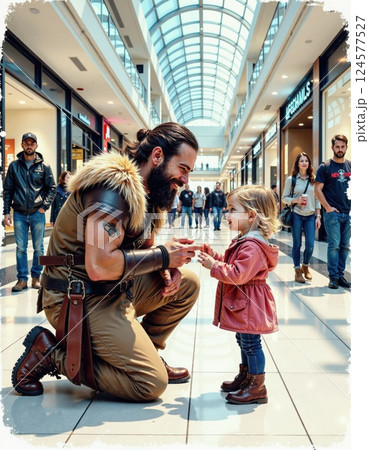 Heartwarming connection: modern-day viking engages with child in vibrant shopping mall setting 124577527