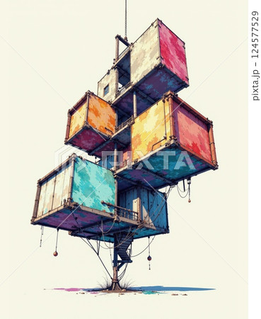 Industrial balance: colorful shipping container art installation on minimalist background 124577529