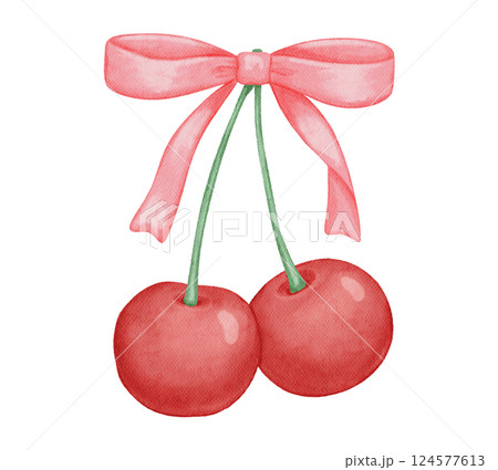 Watercolor coquette pink bow and cherry textured drawing, isolated illustration Watercolor coquette pink bow and cherry textured drawing, isolated illustration 124577613