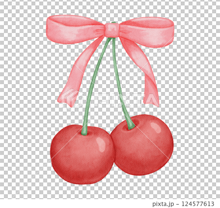 Watercolor coquette pink bow and cherry textured drawing, isolated illustration Watercolor coquette pink bow and cherry textured drawing, isolated illustration 124577613