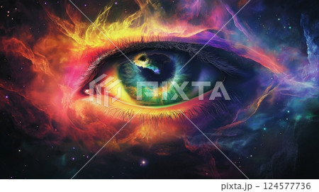 Intricate cosmic eye surrounded by vibrant colors and swirling galaxies Intricate cosmic eye surrounded by vibrant colors and swirling galaxies 124577736