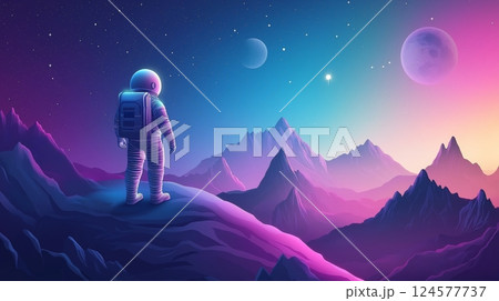 Astronaut exploring a distant planet with vibrant mountains and celestial bodies in the night sky Astronaut exploring a distant planet with vibrant mountains and celestial bodies in the night sky 124577737