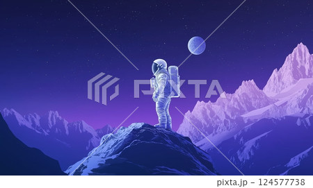 Astronaut exploring a distant planet with vibrant mountains and celestial bodies in the night sky Astronaut exploring a distant planet with vibrant mountains and celestial bodies in the night sky 124577738