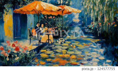 Couple enjoying a serene moment by the water with blooming flowers under an orange umbrella 124577755