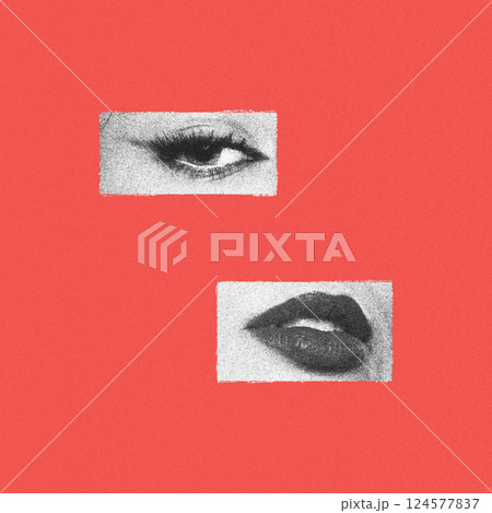Abstract woman portrait collage illustration on pink background Abstract woman portrait collage illustration on pink background 124577837