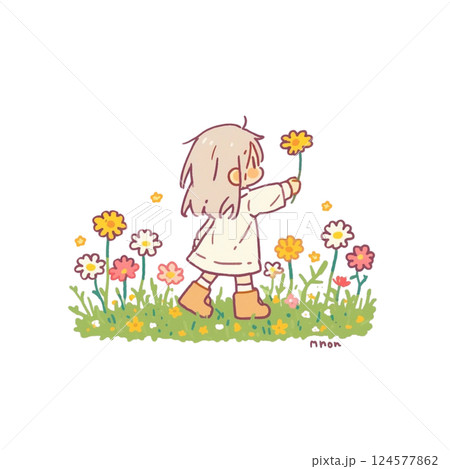 デフォルメ、花畑で花を摘む女の子の後ろ姿のイラスト、アイコン、背景なし、素材 デフォルメ、花畑で花を摘む女の子の後ろ姿のイラスト、アイコン、背景なし、素材 124577862