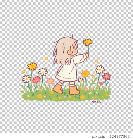 デフォルメ、花畑で花を摘む女の子の後ろ姿のイラスト、アイコン、背景なし、素材 デフォルメ、花畑で花を摘む女の子の後ろ姿のイラスト、アイコン、背景なし、素材 124577862