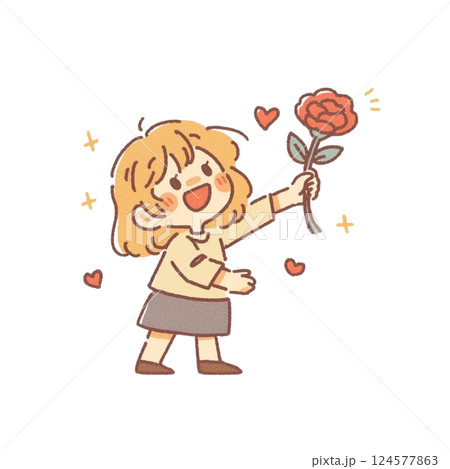 デフォルメ、バラの花を差し出している女の子のイラスト、アイコン、素材、背景なし デフォルメ、バラの花を差し出している女の子のイラスト、アイコン、素材、背景なし 124577863