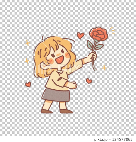 デフォルメ、バラの花を差し出している女の子のイラスト、アイコン、素材、背景なし デフォルメ、バラの花を差し出している女の子のイラスト、アイコン、素材、背景なし 124577863