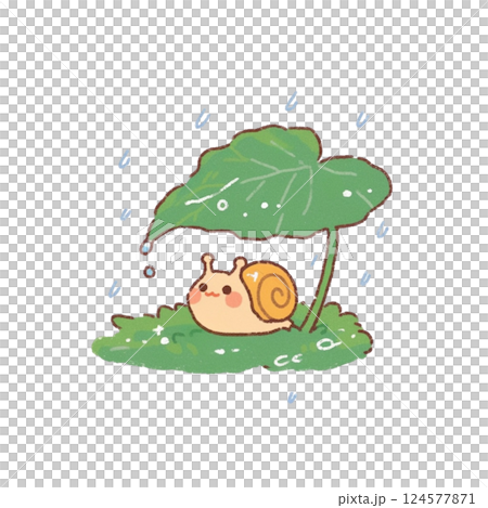 葉子上躲雨的蝸牛插圖，簡單，可愛，圖標，材料，無背景 124577871