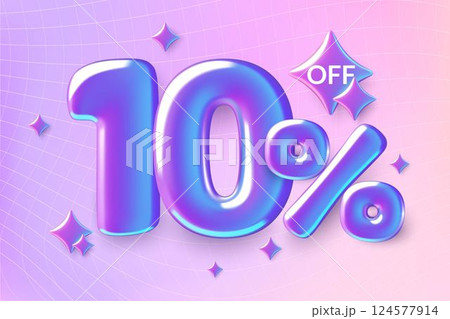 10 percent off 3d sale banner with holographic iridescent foil number ten on y2k gradient background 124577914