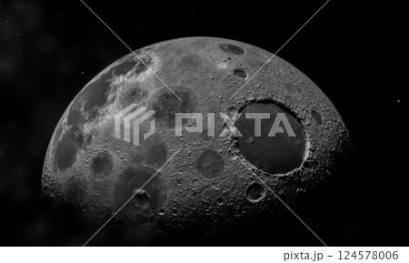 Distant planet with craters and rugged surface, celestial body in space, astronomical object, textured landscape, space exploration, science, cosmic information, alien world 124578006