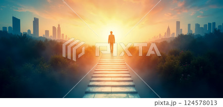 Man walking on pathway toward bright sun, futuristic city skyline, success journey, career growth, motivation, inspiration, hope, new beginnings, ambition, opportunity Man walking on pathway toward bright sun, futuristic city skyline, success journey, career growth, motivation, inspiration, hope, new beginnings, ambition, opportunity 124578013