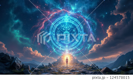 Glowing portal in mysterious landscape surrounded by cosmic light clouds symbols person walking towards mystical path surreal atmosphere colorful horizon magical scenery 124578015