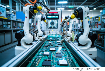 Robotic arms assembling electronic components in high-tech factory highlighting automation innovation precision engineering in modern industrial electronics Robotic arms assembling electronic components in high-tech factory highlighting automation innovation precision engineering in modern industrial electronics 124578059