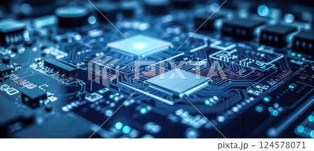 Advanced microchip on blue digital circuit, featuring intricate electronic components, modern technology, precision engineering, innovation, futuristic tech design Advanced microchip on blue digital circuit, featuring intricate electronic components, modern technology, precision engineering, innovation, futuristic tech design 124578071