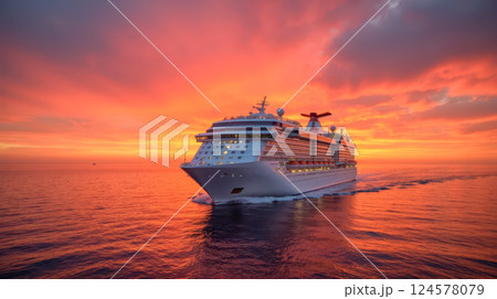 Large cruise ship sailing on calm ocean during beautiful sunset with colorful sky and glowing water luxury travel vacation adventure tourism maritime transport summer journey 124578079